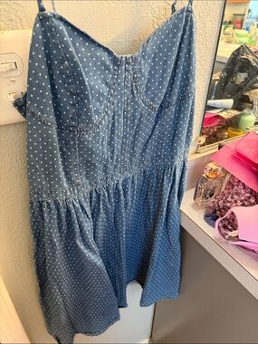 LC Lauren Conrad Blue Polka Dot Denim-Style Mini Dress